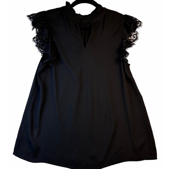 Express Feminine Victorian Ruffle Mock Neck Lace Cap Sleeve Blouse Black S NWT - Picture 8 of 13